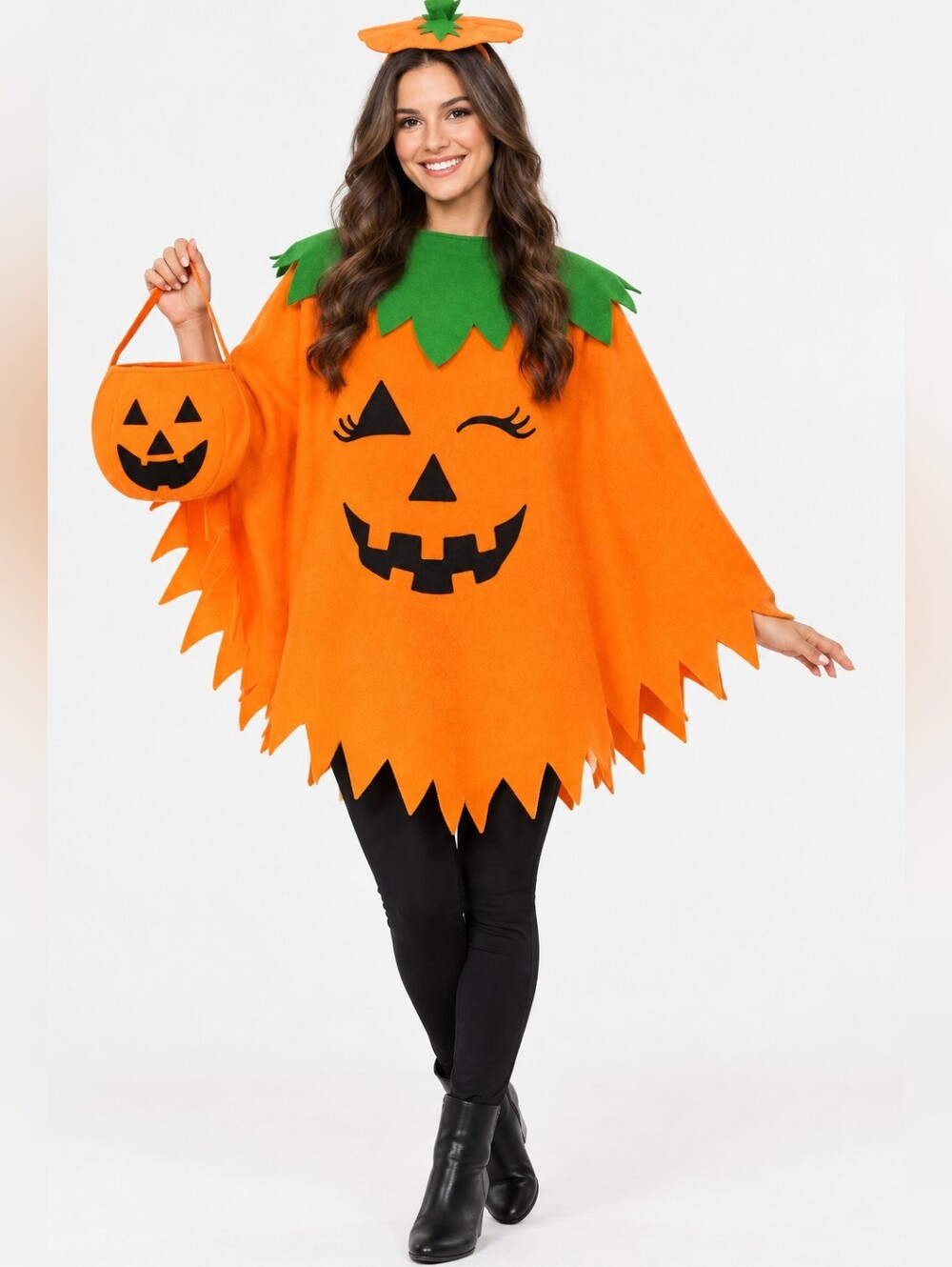 Orange Pumpkin Poncho Costume with Headband and Bag